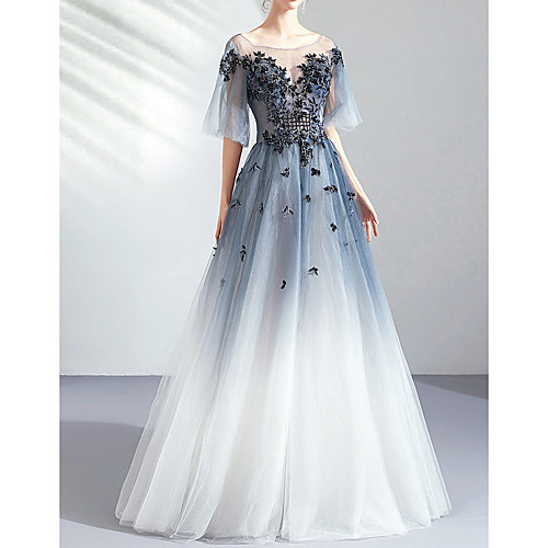 

A-Line Jewel Neck Floor Length Tulle Short Sleeve Formal Wedding Dress in Color / Illusion Detail / Plus Size Wedding Dresses with Lace Insert / Appliques 2020