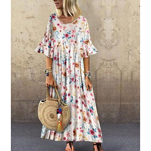 

Women's Maxi Yellow White Dress Shift Floral M L Loose