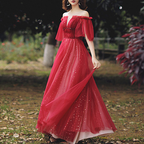

A-Line Illusion Neck Floor Length Tulle Glittering / Red Party Wear / Prom Dress with Beading / Sequin 2020