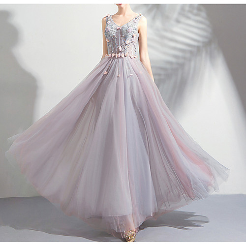 

A-Line V Neck Floor Length Lace / Tulle Bridesmaid Dress with Appliques
