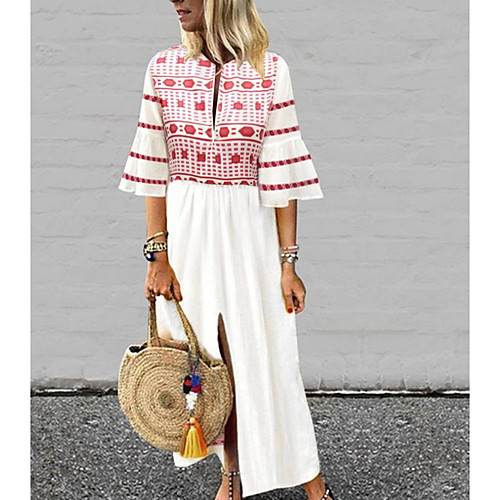

Women's Maxi White Dress Shift Geometric S M Loose