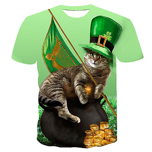 

Men's Daily Going out Basic T-shirt - 3D / Animal Cat, Print Green