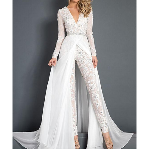 

Jumpsuits Plunging Neck Sweep / Brush Train Polyester Long Sleeve Country Plus Size Wedding Dresses with Sashes / Ribbons / Lace Insert / Appliques 2020