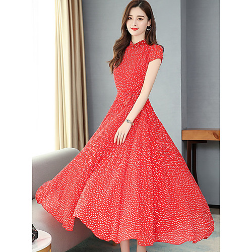 

Women's Maxi Red Blue Dress A Line Polka Dot Crew Neck S M