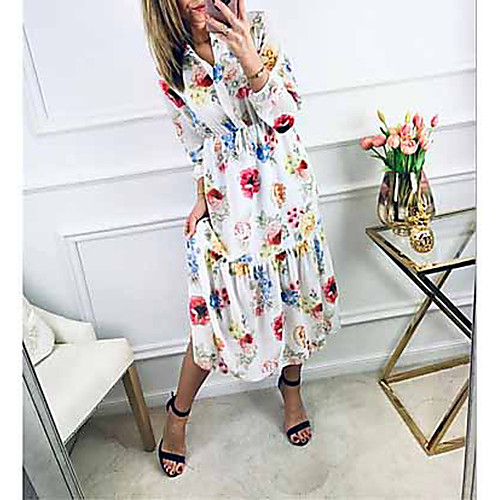 

Women's Maxi White Dress Swing Print V Neck S M