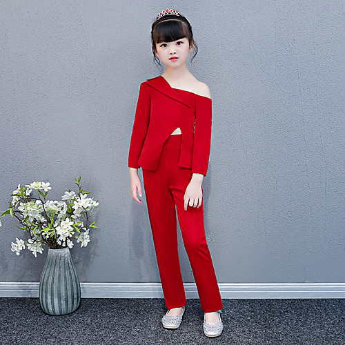 

Pantsuit / Jumpsuit Chapel Train Wedding / Party Pageant Dresses - Polyester / Cotton Blend Long Sleeve One Shoulder with Solid
