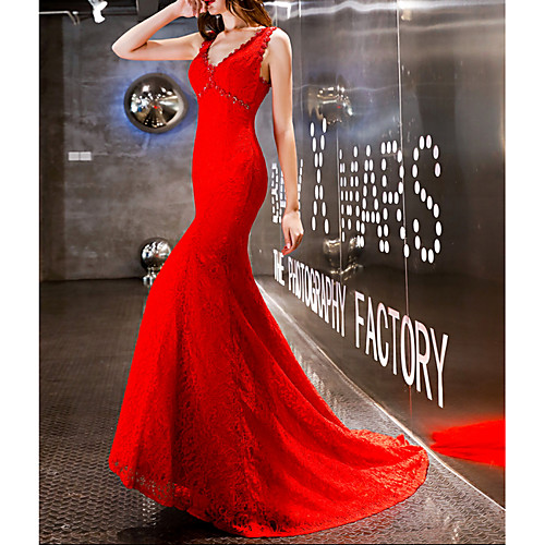 

Mermaid / Trumpet V Neck Sweep / Brush Train Polyester Elegant / Red Engagement / Formal Evening Dress with Appliques 2020
