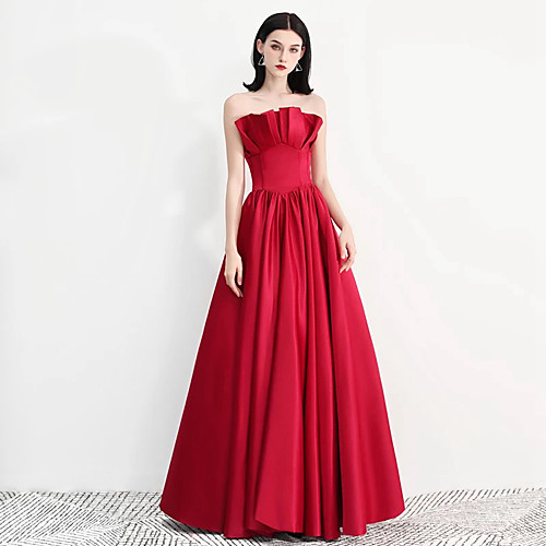 

A-Line Strapless Floor Length Satin Vintage / Red Prom / Formal Evening Dress with Pleats / Ruffles 2020