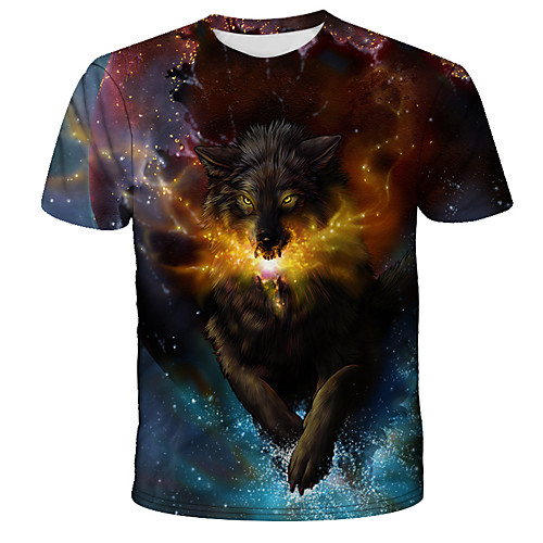 

Men's Daily Holiday Street chic / Exaggerated T-shirt - 3D / Tie Dye / Animal Wolf, Print Rainbow