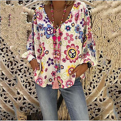 

Women's Daily Boho Loose T-shirt - Floral Loose Fit V Neck White/StayCation