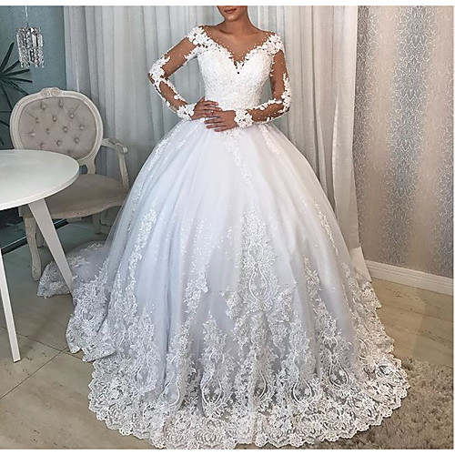 

Ball Gown V Neck Watteau Train Polyester / Lace Long Sleeve Formal Plus Size / Illusion Sleeve Wedding Dresses with Draping / Lace Insert / Appliques 2020