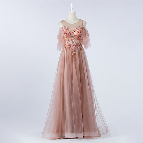 

A-Line Illusion Neck Floor Length Tulle Luxurious / Pink Prom / Formal Evening Dress with Beading / Crystals 2020