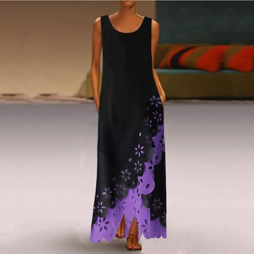 

Women's Maxi Purple Yellow Dress Swing Geometric V Neck S M