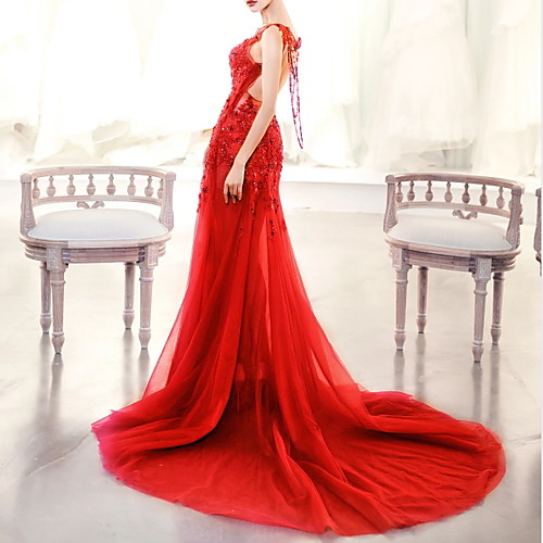 

Mermaid / Trumpet Illusion Neck Court Train Polyester Beautiful Back / Red Engagement / Formal Evening Dress with Beading / Appliques 2020