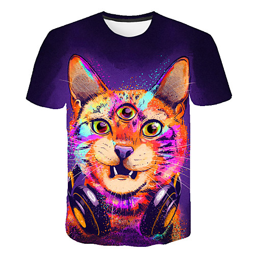 

Men's Daily Going out Basic T-shirt - 3D / Animal Cat, Print Rainbow