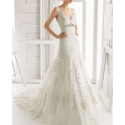 

A-Line V Neck Sweep / Brush Train Lace Sleeveless Formal Wedding Dresses with Lace Insert 2020