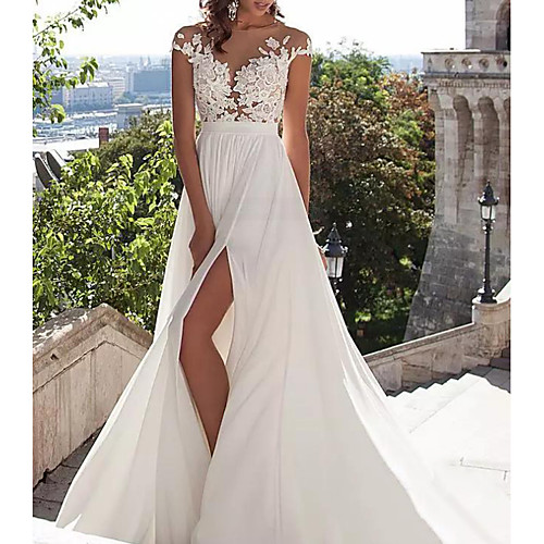 

A-Line Jewel Neck Sweep / Brush Train Lace / Stretch Satin Cap Sleeve Casual / Beach / Boho Plus Size Wedding Dresses with Draping / Appliques 2020