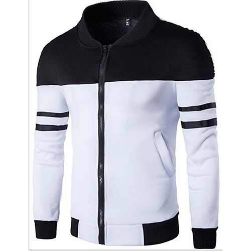 

Men's Daily Basic Spring & Fall Regular Jacket, Color Block Blue & White Stand Long Sleeve Polyester Patchwork Black / White