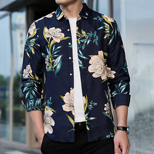 

Men's Daily Weekend Basic / Elegant Shirt - Floral / Color Block / 3D Navy Blue