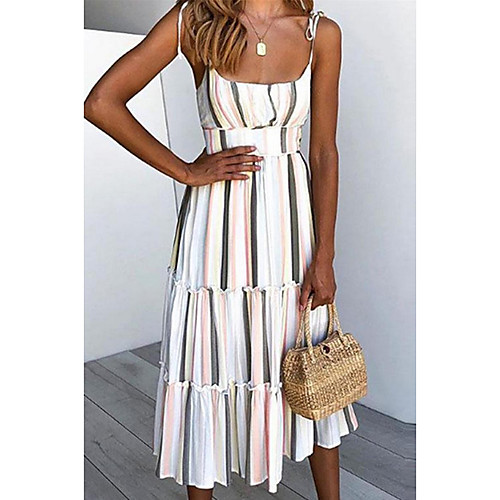 

Women's White Dress A Line Striped Strap S M