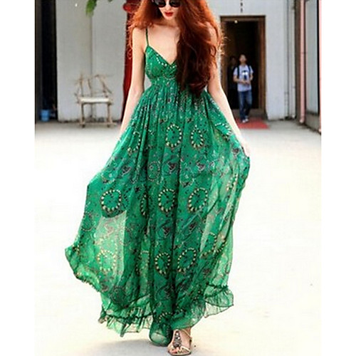 

Women's Maxi Green Dress Swing Print Strap V Neck S M