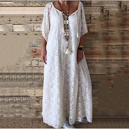 

Women's Maxi White Dress Boho Spring Vacation Beach A Line Loose Solid Color Lace S M Loose