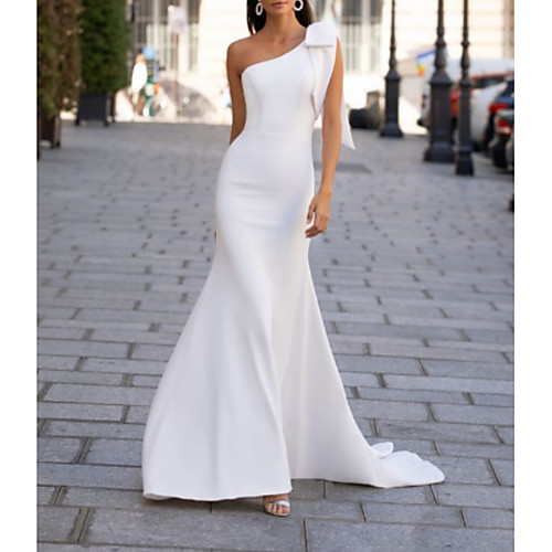 

Mermaid / Trumpet One Shoulder Sweep / Brush Train Polyester Sleeveless Country Plus Size Wedding Dresses with Bow(s) / Draping 2020