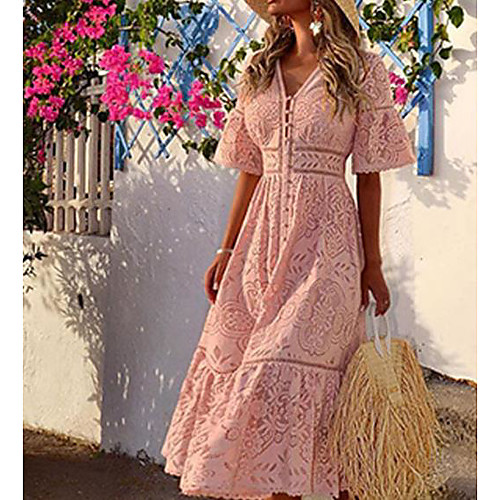

Women's Maxi Blushing Pink White Dress Sheath Solid Color V Neck S M