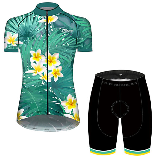 

21Grams Women's Short Sleeve Cycling Jersey with Shorts Green / Yellow Leaf Floral Botanical Bike Clothing Suit Breathable 3D Pad Quick Dry Ultraviolet Resistant Sweat-wicking Sports Leaf Mountain