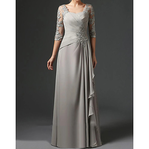 

Sheath / Column Square Neck Floor Length Chiffon / Lace Half Sleeve Elegant Mother of the Bride Dress with Ruching Mother's Day 2020