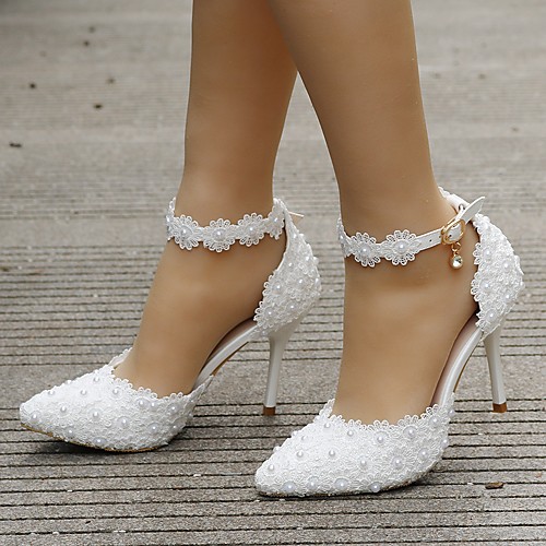 

Women's Sandals Stiletto Heel Pointed Toe Imitation Pearl / Satin Flower / Buckle Lace / PU Sweet / Minimalism Spring & Summer / Fall & Winter Pink / White / Wedding / Party & Evening