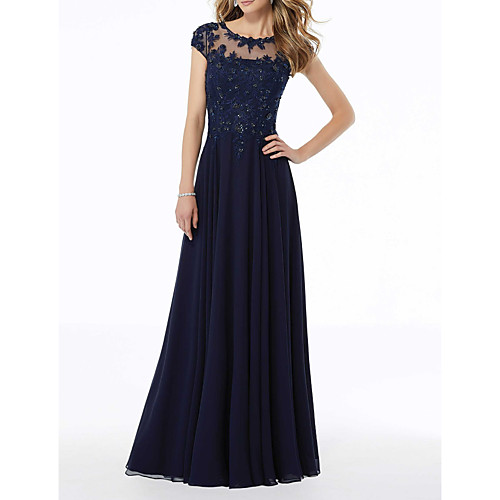 

A-Line Illusion Neck Floor Length Chiffon Elegant / Blue Party Wear / Formal Evening Dress with Pleats / Beading / Appliques 2020