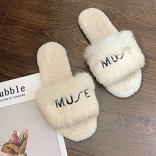 

Women's Slippers & Flip-Flops Flat Heel Round Toe Rabbit Fur Summer Black / White / Purple