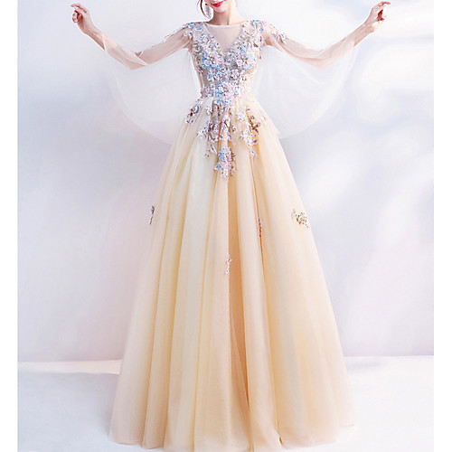 

A-Line Jewel Neck Floor Length Tulle Long Sleeve Formal / Beach Wedding Dress in Color Wedding Dresses with Appliques 2020