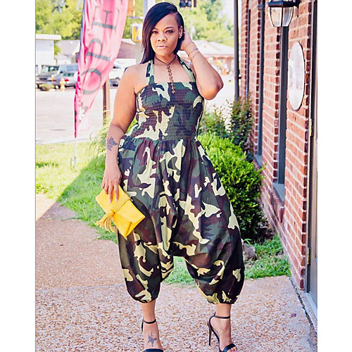 

Women's Basic Army Green Jumpsuit Onesie, Geometric L XL XXL