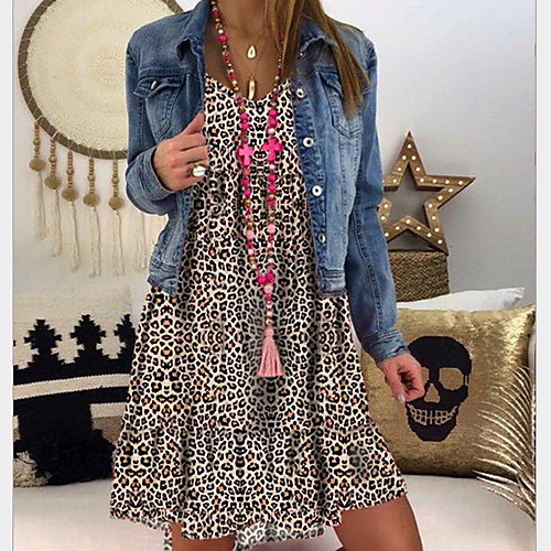 

Women's Yellow Blue Dress A Line Swing Leopard V Neck S M