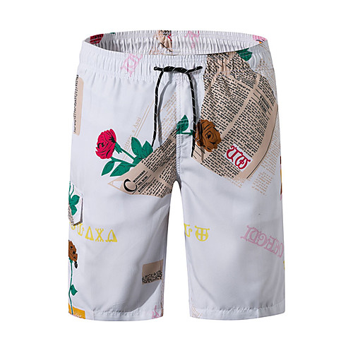 

Men's Sporty Basic White Black Swim Trunk Beach board shorts Swimwear Swimsuit - Floral Letter Lace up Print XS S M White