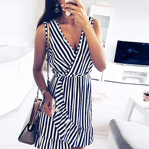 

Women's Blue Dress Casual Sexy Daily Sheath Striped Color Block Deep V Blue & White Ruffle S M Slim