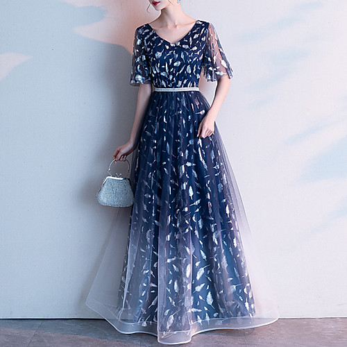 

A-Line V Neck Floor Length Tulle Color Block / Blue Prom / Formal Evening Dress with Crystals / Embroidery 2020