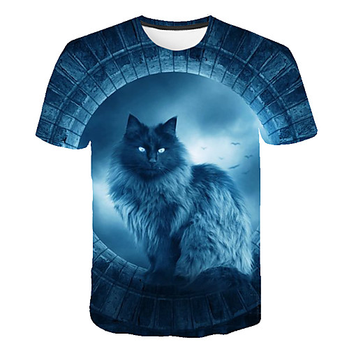 

Men's Daily Going out Basic T-shirt - 3D / Animal Cat, Print Blue