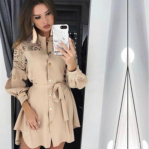 

Women's Khaki Dress Sheath Solid Color Stand S M
