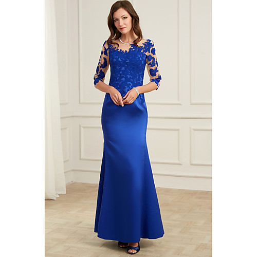 

Mermaid / Trumpet Illusion Neck Floor Length Polyester Elegant / Blue Formal Evening / Wedding Guest Dress with Appliques 2020