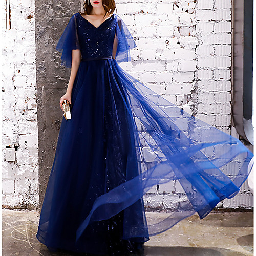 

A-Line V Neck Floor Length Polyester Glittering / Blue Prom / Formal Evening Dress with Sequin 2020
