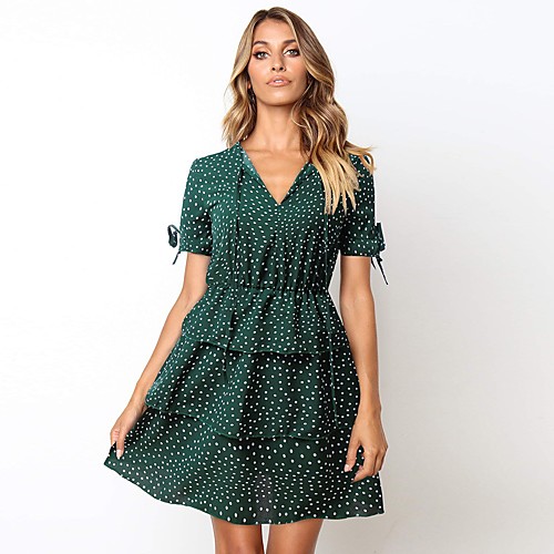 

Women's Yellow Green Dress A Line Sheath Polka Dot V Neck S M