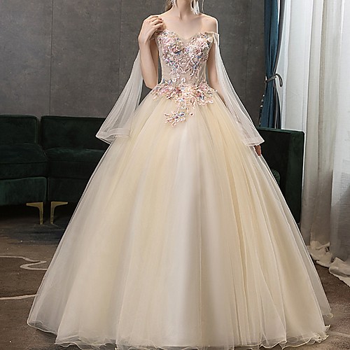 

Ball Gown Strapless Sweep / Brush Train Lace Long Sleeve Beach Wedding Dress in Color Wedding Dresses with Lace Insert / Appliques 2020