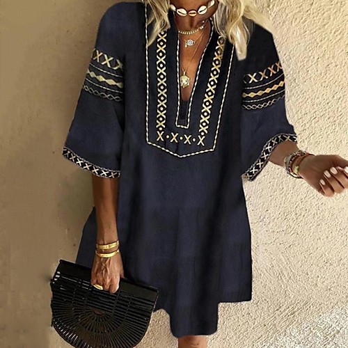 

Women's Navy Blue Dress Shift Print V Neck S M