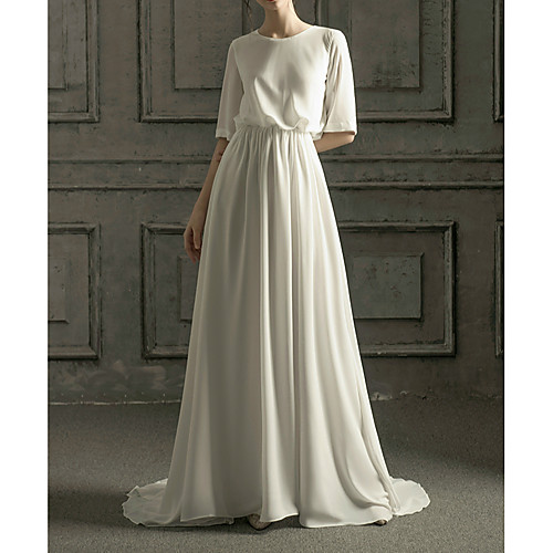 

A-Line Jewel Neck Sweep / Brush Train Chiffon / Satin Half Sleeve Simple Elegant Wedding Dresses with Side-Draped 2020