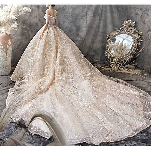 

Ball Gown Off Shoulder Watteau Train Lace Short Sleeve Formal Wedding Dress in Color Wedding Dresses with 2020