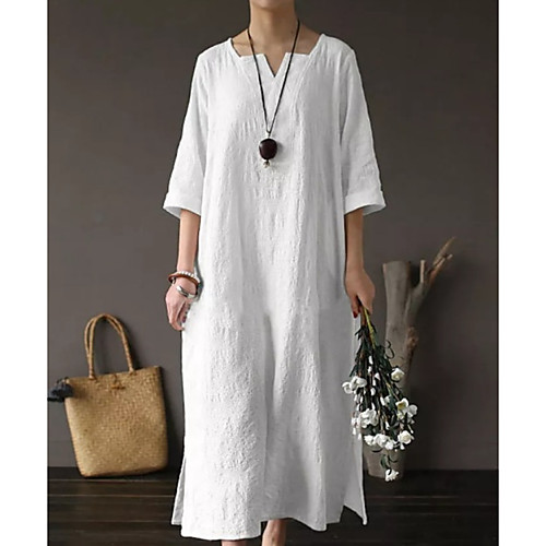 

Women's Maxi White Dress Shift Solid Color V Neck S M