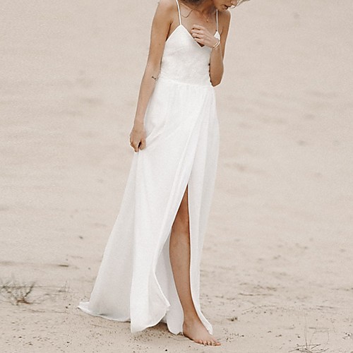 

A-Line V Neck Sweep / Brush Train Lace Sleeveless Formal Wedding Dresses with Split Front 2020